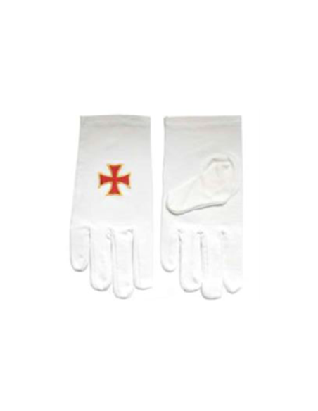 Gants blancs coton brodés Croix Templière Rouge